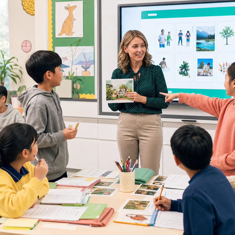 A teacher leading an interactive English lesson in the classroom
