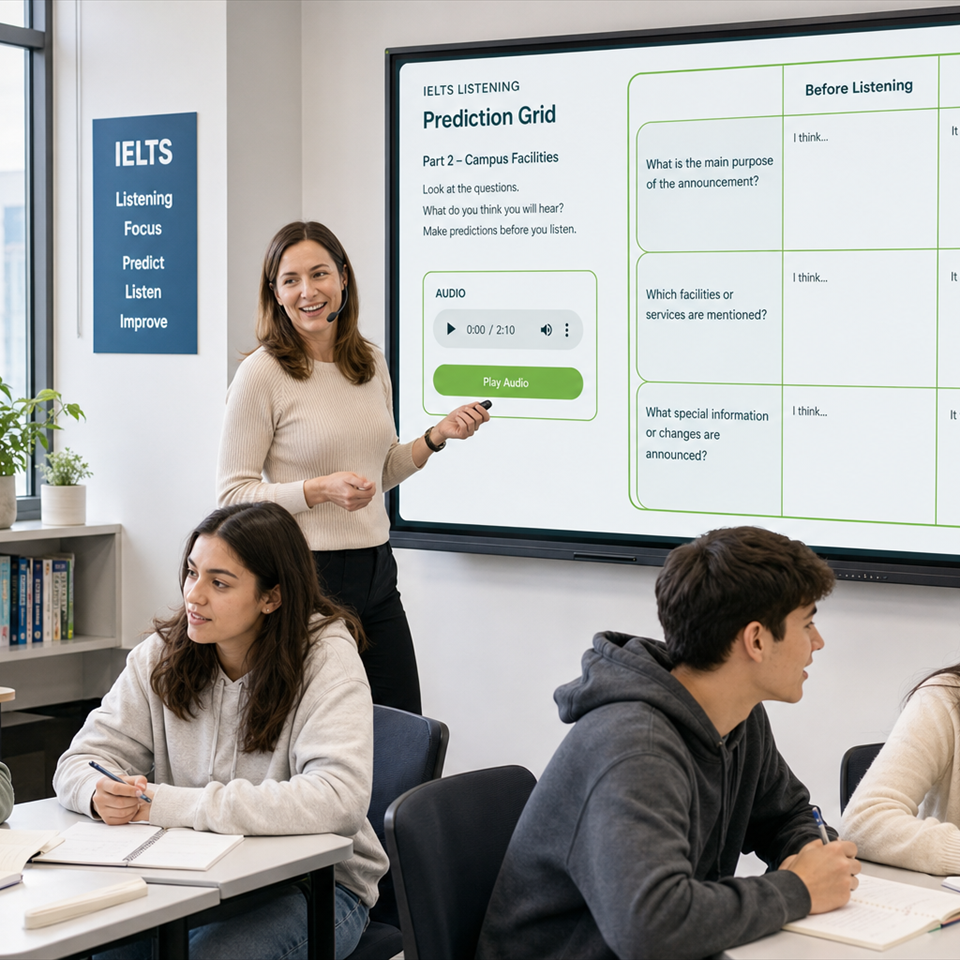 Students preparing with an IELTS Listening Prediction Grid