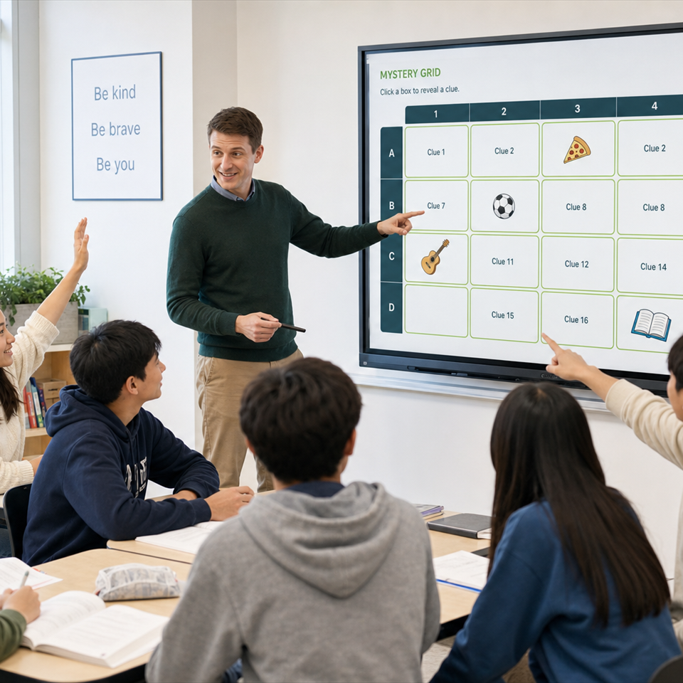 A teacher and students solving a Mystery Grid activity
